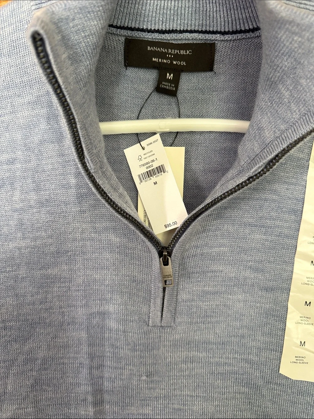 Banana Republic Men's Sky Blue Merino Half-Zip Sweater